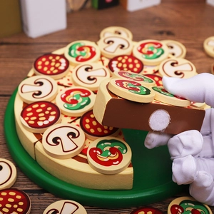 Detail showing the velcro connection and wood texture of the play food pizza toy set