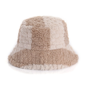 Plush checkerboard bucket hat in beige and light coffee faux fur with a warm design
