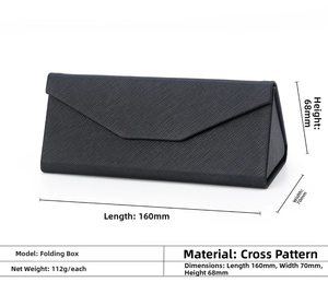Detailed view of black Saffiano PU leather triangle eyeglass case with size dimensions