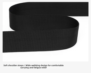 Detail of soft widened black nylon shoulder strap with high-density woven texture