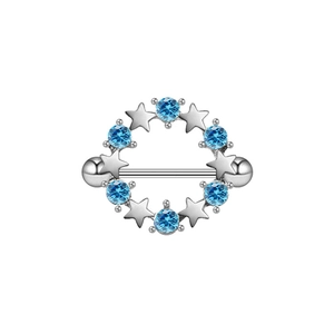 Detail view of silver stainless steel nipple shield with blue gems and silver stars