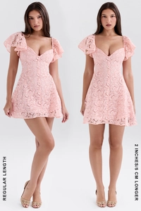 Detailed comparison of pink V-neck lace dress in regular and 5cm longer lengths