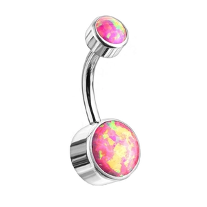 Macro shot of G23 titanium belly button ring with bezel-set pink synthetic opal stones