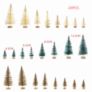 Set of 24 mini Christmas trees in beige, dark green and gold with wooden bases