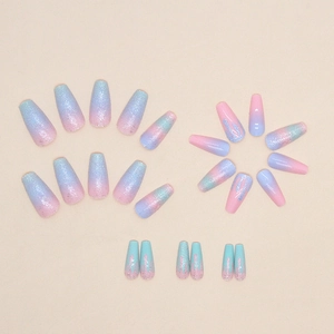 Sweet macaron gradient press-on nails set with glitter and fluid art in coffin shape