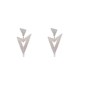 Elegant geometric V-shaped triangle drop earrings with zircon crystals in silver finish