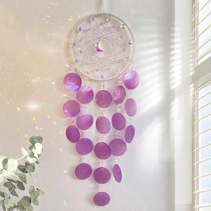 Purple shell dream catcher wind chime with crystal beads for boho bedroom wall decor