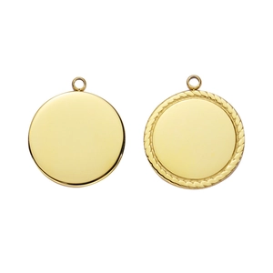 Pair of golden mirror-finish stainless steel round pendants with smooth and twisted rope edges