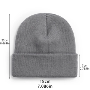 Gray ribbed knit beanie hat with 22cm height and 7cm cuff dimensions for winter warmth