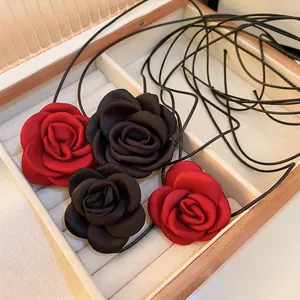 Handmade 3D satin rose flower choker necklace in red and black with thin cord strap
