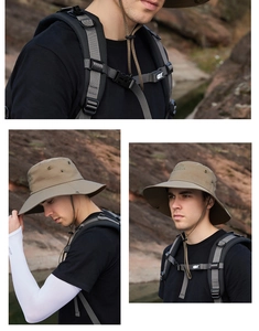 Close-up of khaki wide brim sun hat with mesh vents and adjustable wind rope detail