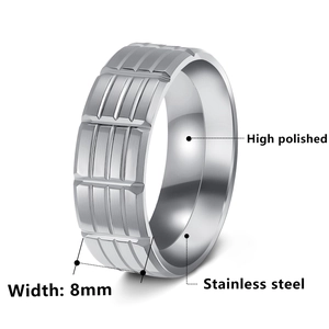 Polished 8mm stainless steel ring for men with brushed gear texture on white background