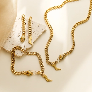 Snake Pendant Necklace Titanium Steel 18K Gold Plated Cuban Chain Green Zircon Eyes Jewelry For Women Vintage Trendy