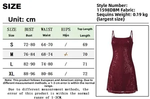 Größentabelle für Pailletten-Minikleid mit Maßen für Brustumfang und Taille im Detail