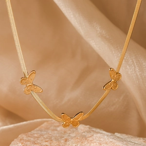 Gold plated snake chain necklace with three minimalist 3D butterfly pendants for women