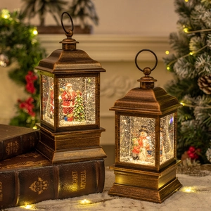 Vintage bronze Christmas lantern with LED lights, snowmen and music for indoor decoration
