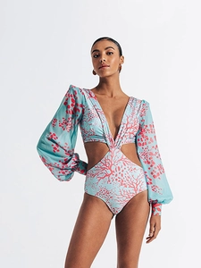 One-piece long sleeve swimsuit with tropical coral and leopard print featuring cut-out waist