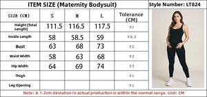 Detailed size chart for the maternity seamless fitness jumpsuit showing measurements