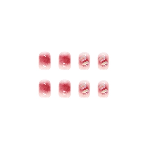 Short round gradient pink press-on nails with luxury aurora rectangular rhinestones