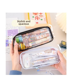 Detail showing high capacity of transparent PVC pencil case with metallic zipper and pens