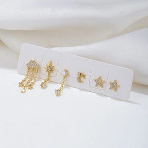 6-piece gold earrings set featuring cloud tassels and zircon star moon designs