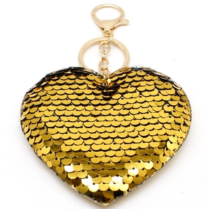 Sparkling gold heart sequin keychain with metallic ring and lobster clasp for bags