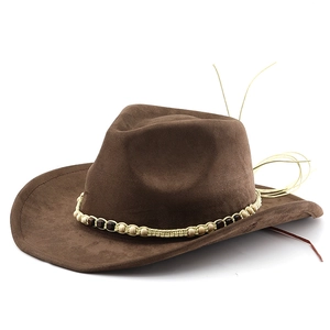 Vintage brown faux suede cowboy hat with woven beaded band for outdoor travel