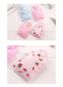 Detail view of four colorful PVC hot water bottles with cute fruit and weather patterns