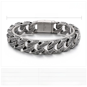 Detailed view of punk style stainless steel chain bracelet with Greek Meander pattern