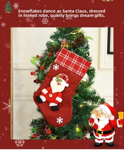 Detailed knit Christmas stocking with 3D Santa and plaid cuff hanging on a tree