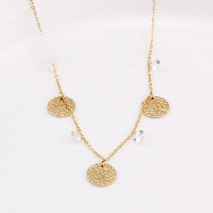 Gold stainless steel necklace with hammered round charms and clear AAA zircon stones