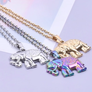 Elephant pendant necklaces in gold, silver, and rainbow plating on O-shaped chains
