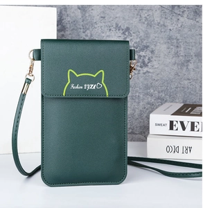 Dark green faux leather crossbody phone pouch with cat ear design and adjustable strap