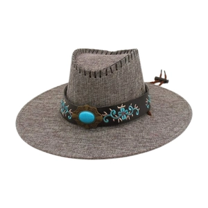 Western cowboy style wide brim sun hat with ethnic embroidered turquoise leather band