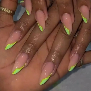 Neon Green French Tip Press On Nails Long Almond Water Drop Shape False Nails With Gold Glitter Lines Elegant Manicure