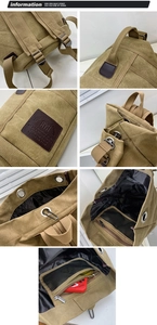 Detailed views of khaki canvas travel backpack showing logo, stitching, and interior pockets