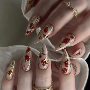 Retro Rose Floral Press On Nails Almond Shape ABS Plastic Gilded Gold Edge Elegant False Nails For Women Nude Pink