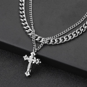 Silver stainless steel layered cross pendant necklace with zircon and cuban chain
