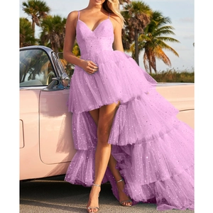 Elegant lavender sequined high-low tulle wedding guest dress with a long train