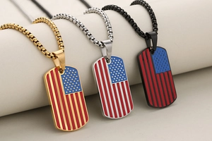American flag dog tag pendants in gold, silver, and black finish on box chains