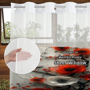 Grommet top sheer curtain with artistic red floral pattern and semi-transparent fabric