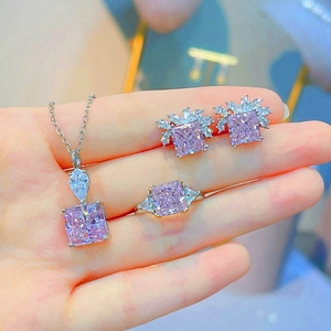 Pink Radiant Cut Cubic Zirconia Necklace Pendant Earring Studs And Adjustable Ring Copper White Gold Plated Jewelry For Women