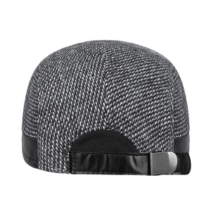 Winter fleece-lined newsboy cap for men featuring gray plaid wool and leather back strap