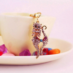 Elegant gold kitten keychain with colorful crystals and rhinestones for handbags