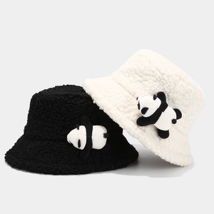Cute fuzzy panda lamb wool bucket hat for winter in classic black and beige colors
