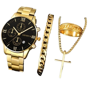 Business men's set featuring a gold steel quartz watch, cuban bracelet, and cross necklace