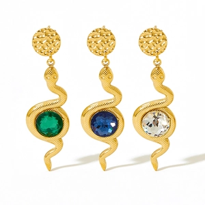 Punk style stainless steel snake earrings with colorful faceted glass crystal drop pendants