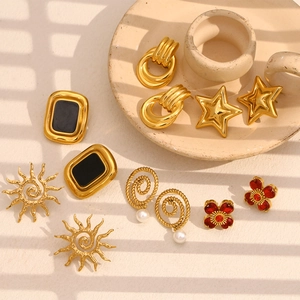 Chic 18K gold-plated stainless steel earrings with pearl, floral, and star designs