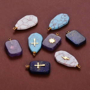 Handcrafted stainless steel natural stone pendants with sun and cross charms