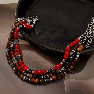 Classic bohemian multi-layer beaded bracelet with tiger eye stones and red beads for men